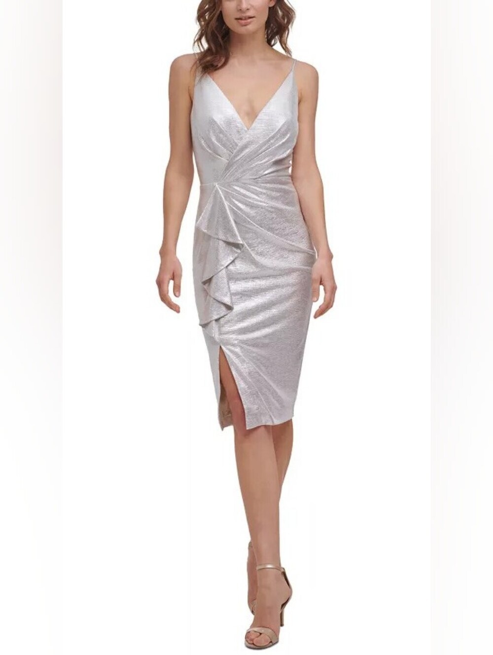 ELIZA J Metallic Silver Draped Cocktail Bodycon Bridesmaid Dress Size 8